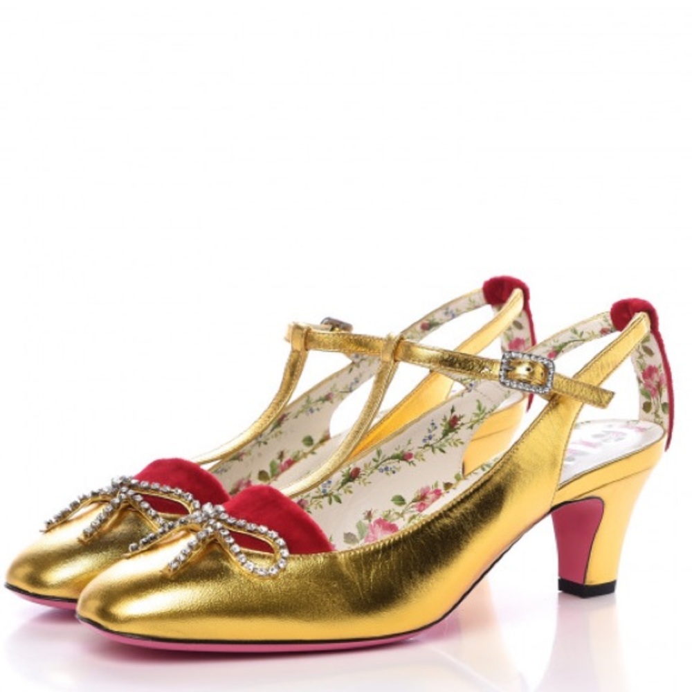 Gucci Anita T-Strap Pumps Gold Leather - Brand New in Box!